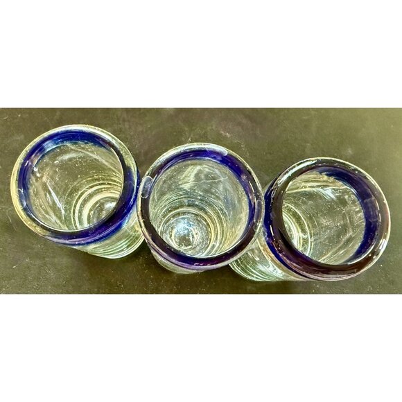 3 Mexican Hand Blown Shot Glass Blue Rim 4” - Picture 10 of 11